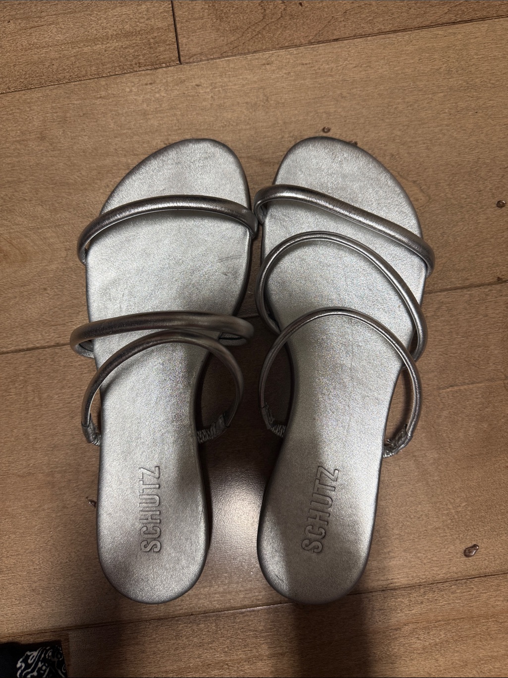 Schutz Metallic Silver TripleStrap Slide Sandals